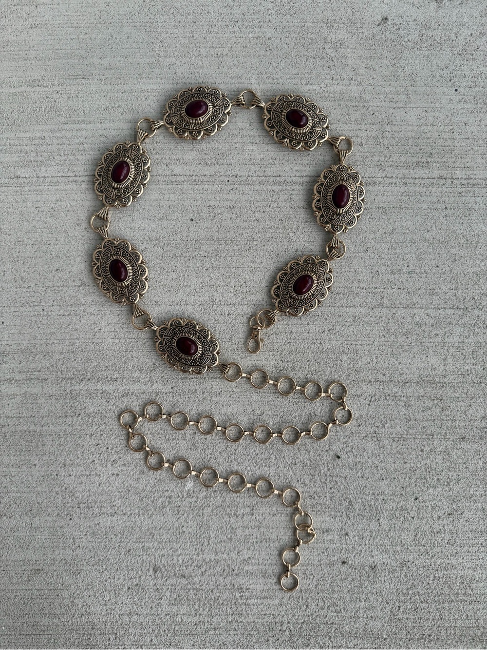 Vintage Gold Tone Chain Belt Red Cabochon Medallion Adjustable Statement Belt